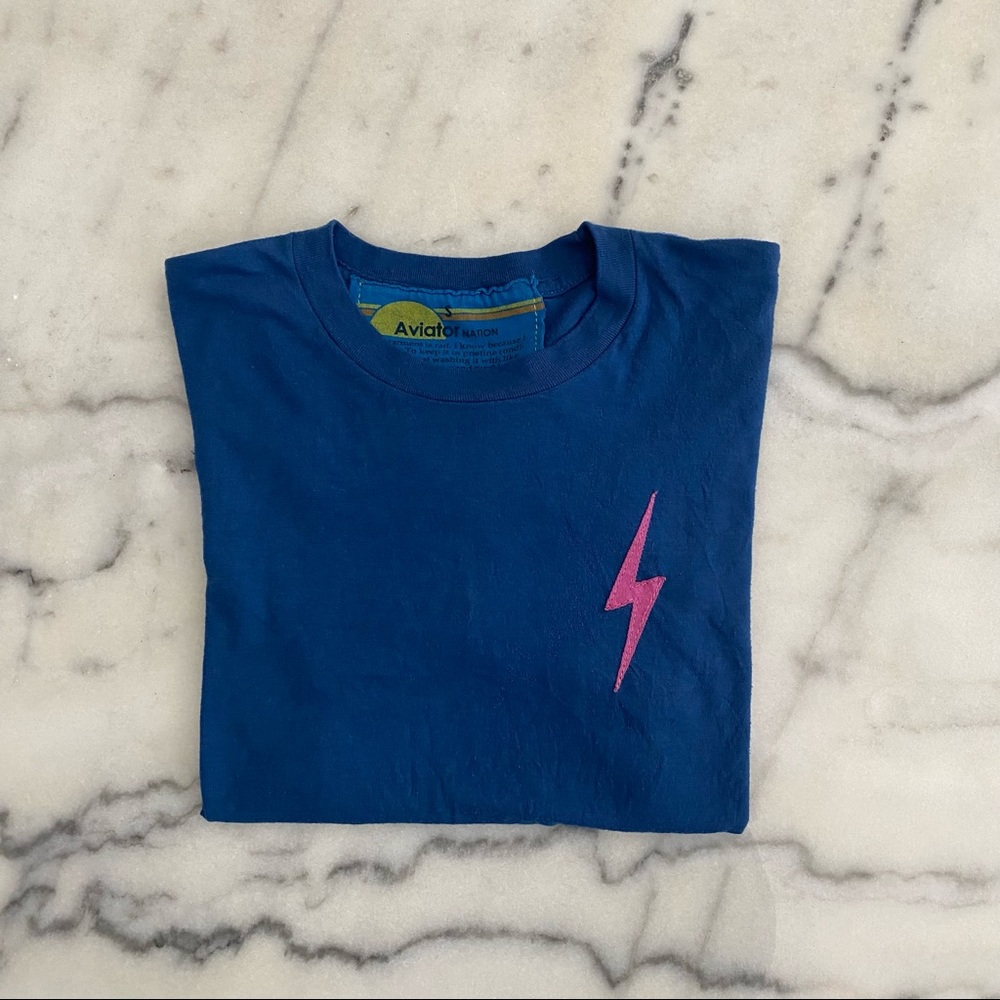 Aviator Nation Blue Tee with Pink Lightning Bolt